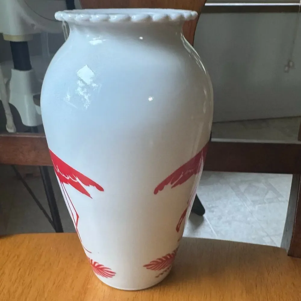 Vintage Red Flamingo Vase Anchor Hocking Vitrock Milk Glass 8